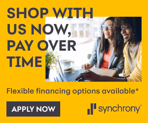Synchrony financing banner: shop now, pay over time with flexible financing. Apply now.