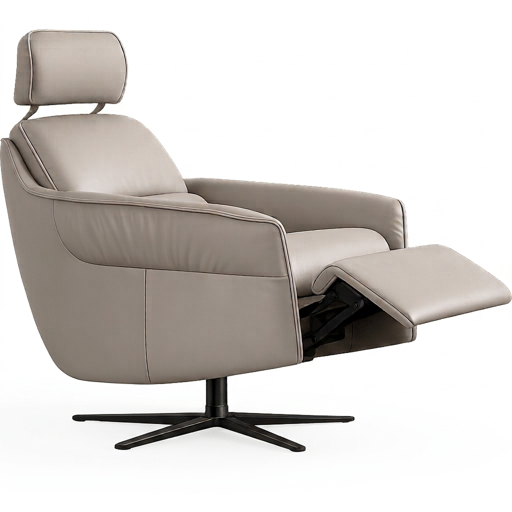 Gray leather reclining swivel chair with extended footrest and headrest on a black star base
