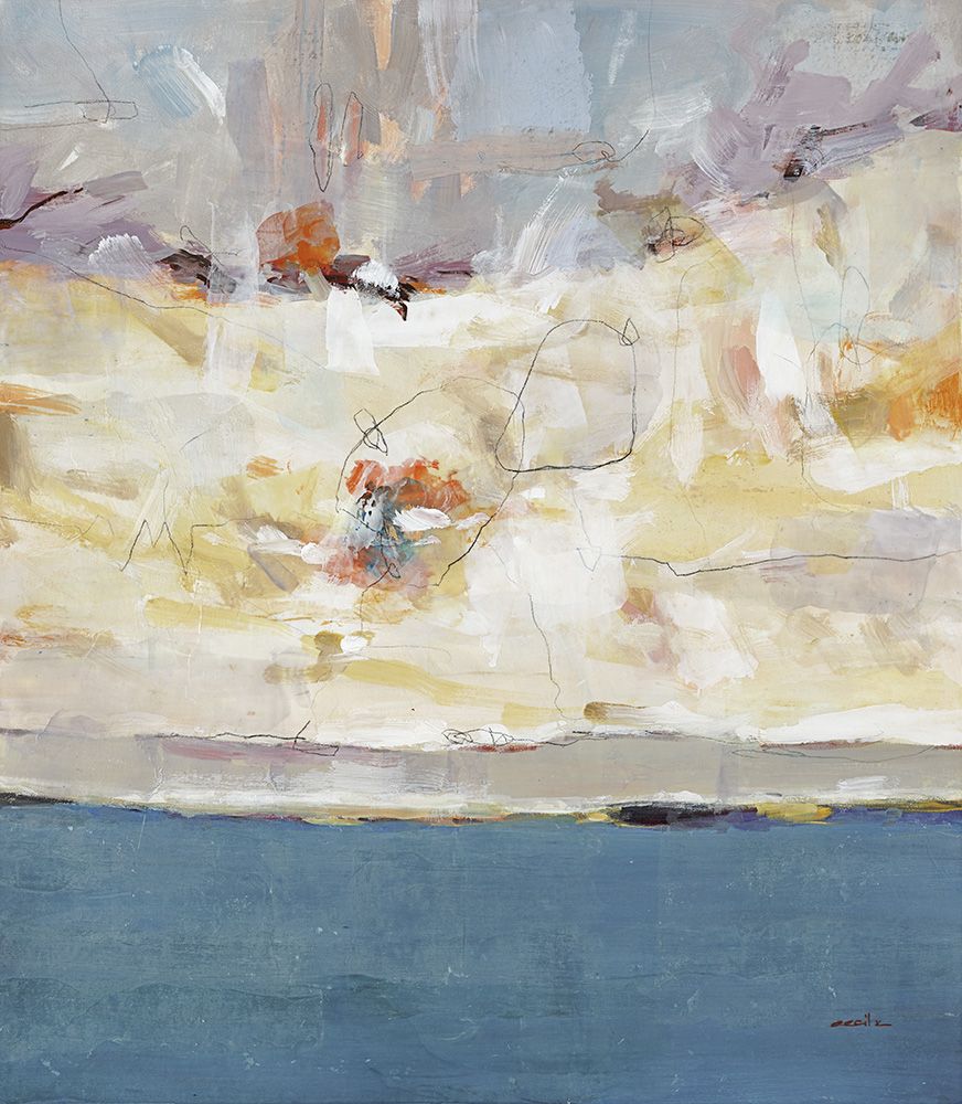 Abstract landscape painting by Cecil K. titled Midnight Tracings, featuring a deep blue horizontal water band beneath a cream and pale-gray sky with soft orange accents and loose pencil-like scribble lines, 42 by 36 inches.
