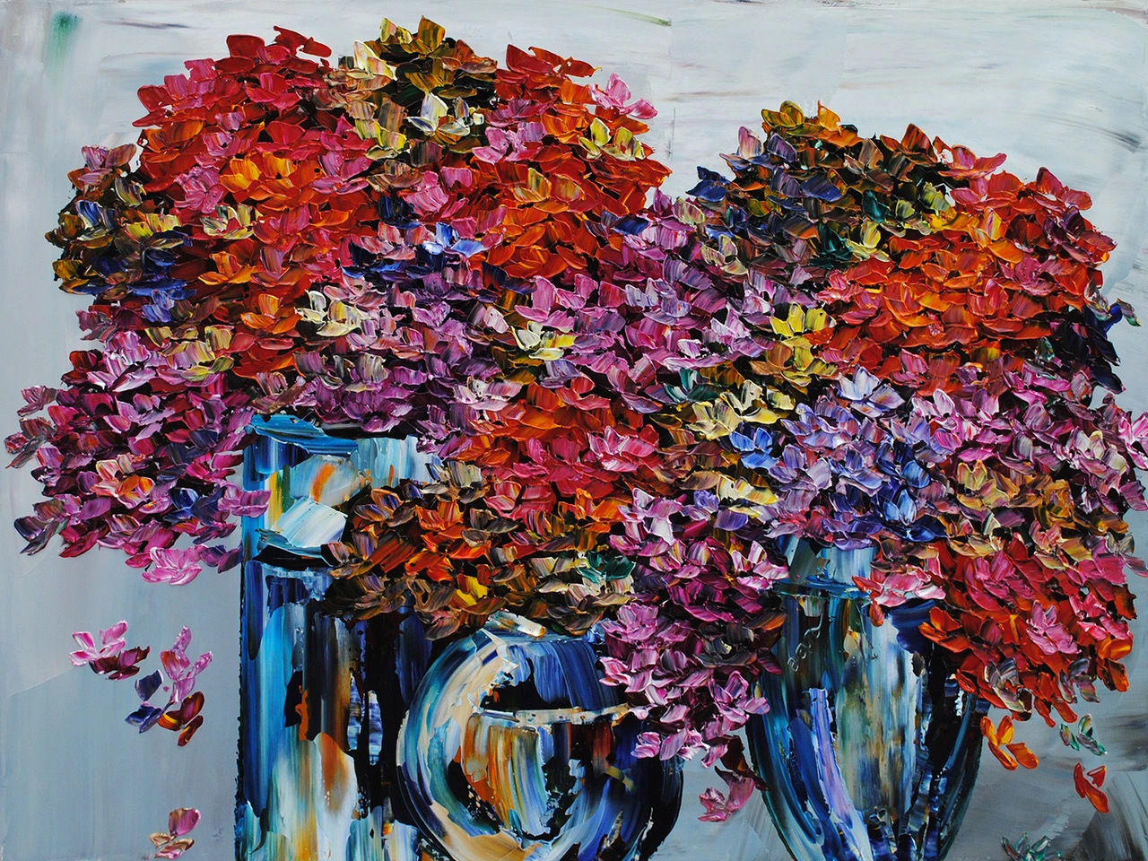 Palette knife painting of two blue vases overflowing with richly textured hydrangea blooms in red, magenta, purple, and orange