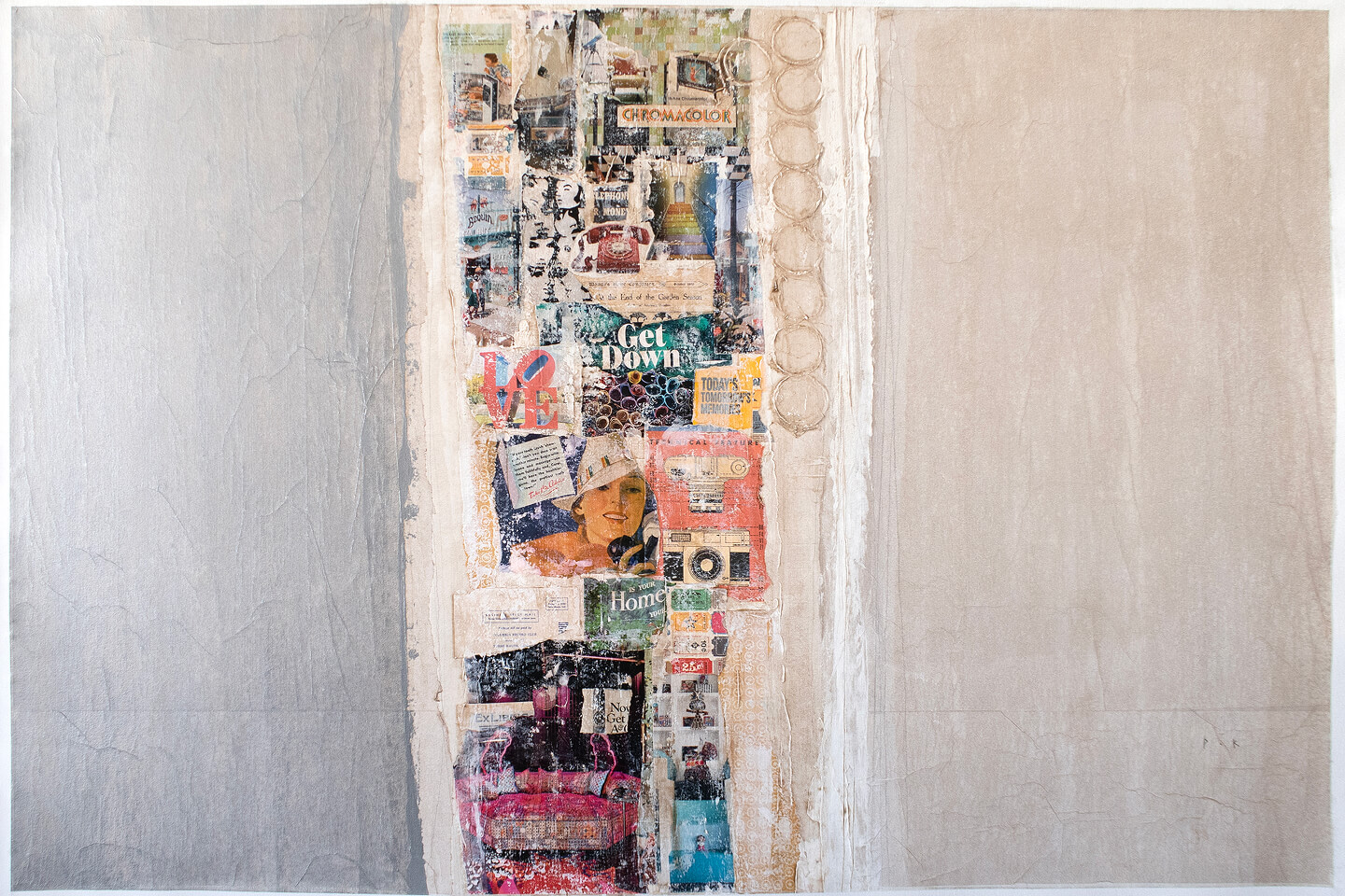 Mixed-media collage painting by Kuttner titled Billboard #147, also known as Chromocolor Love, featuring a vertical strip of vintage magazine clippings, photographs, and text fragments including the word "Love," bordered by wide panels of textured gray and beige canvas with looped wire accents, 38 by 56 inches.