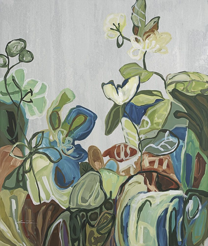 Botanical abstract painting by Lun Tse titled Floral Sonata, featuring white and pale-yellow blossoms with green leaves and blue accents against a light gray brushed background, 42 by 36 inches.