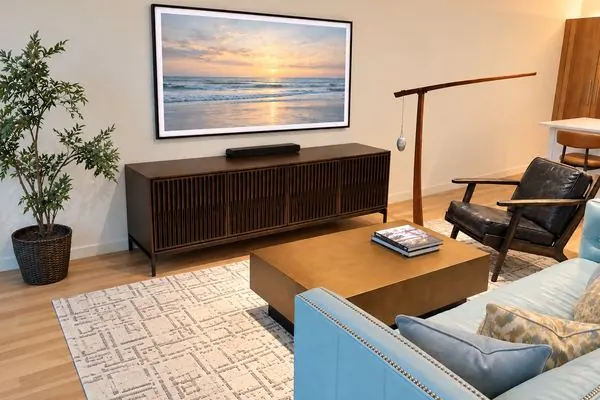 Living room with Sunpan coffee table, BDI media console and Jaunty rug