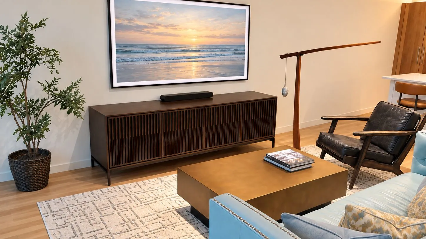 Living room with Sunpan coffee table, BDI media console and Jaunty rug