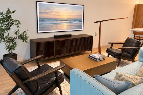 Living room with Sunpan coffee table, BDI media console and Surya rug