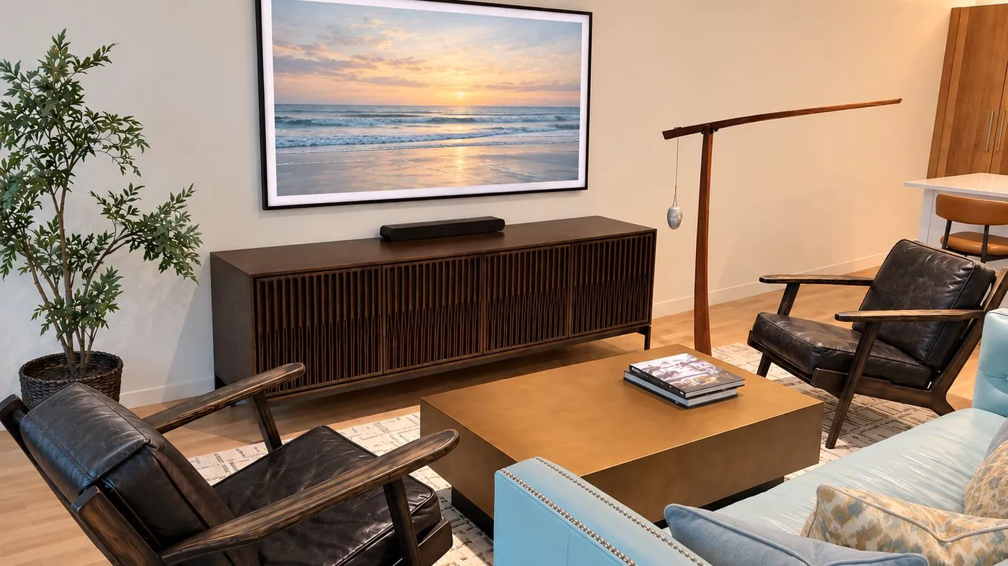 Living room with Sunpan coffee table, BDI media console and Surya rug